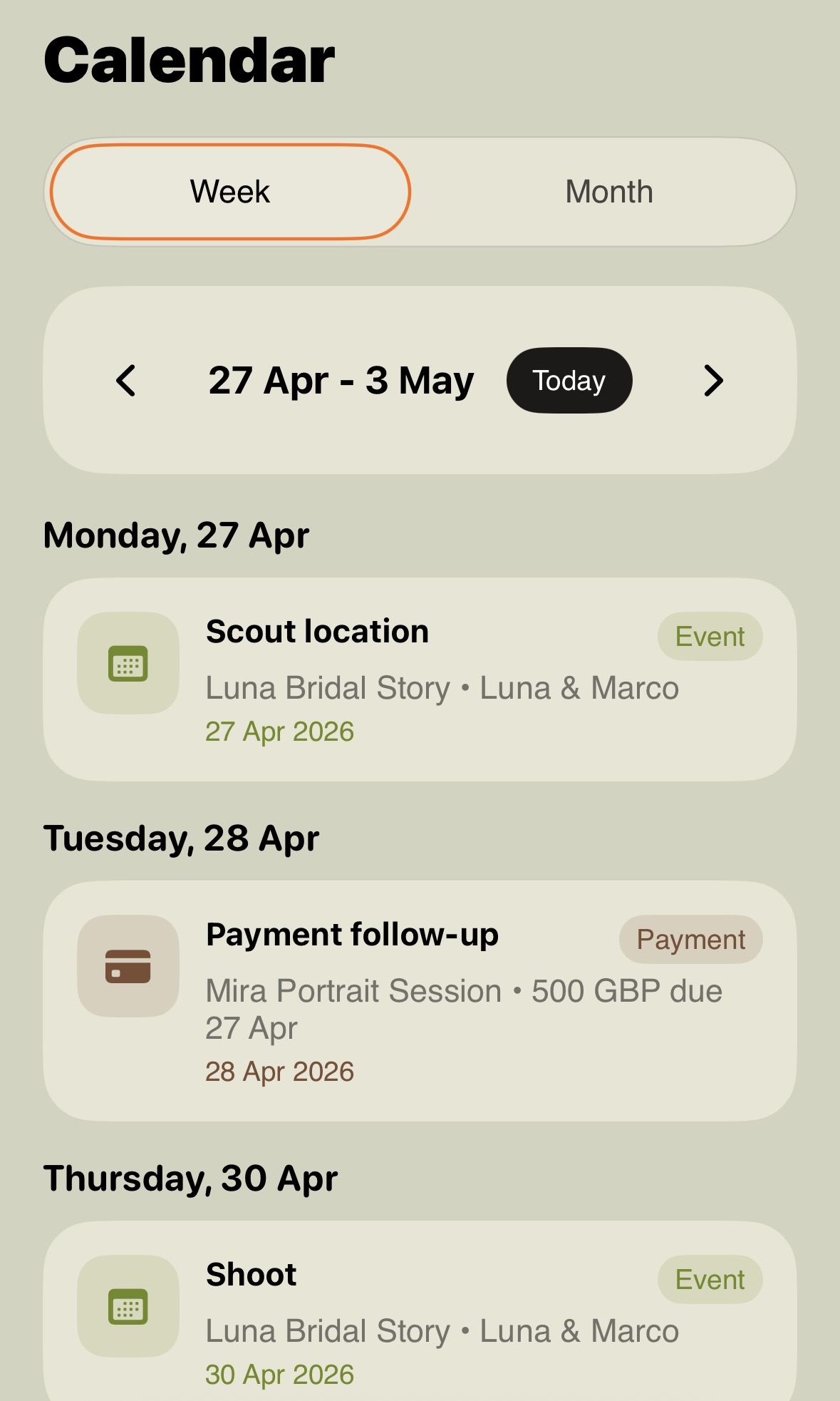 Traut calendar screen showing weekly workload