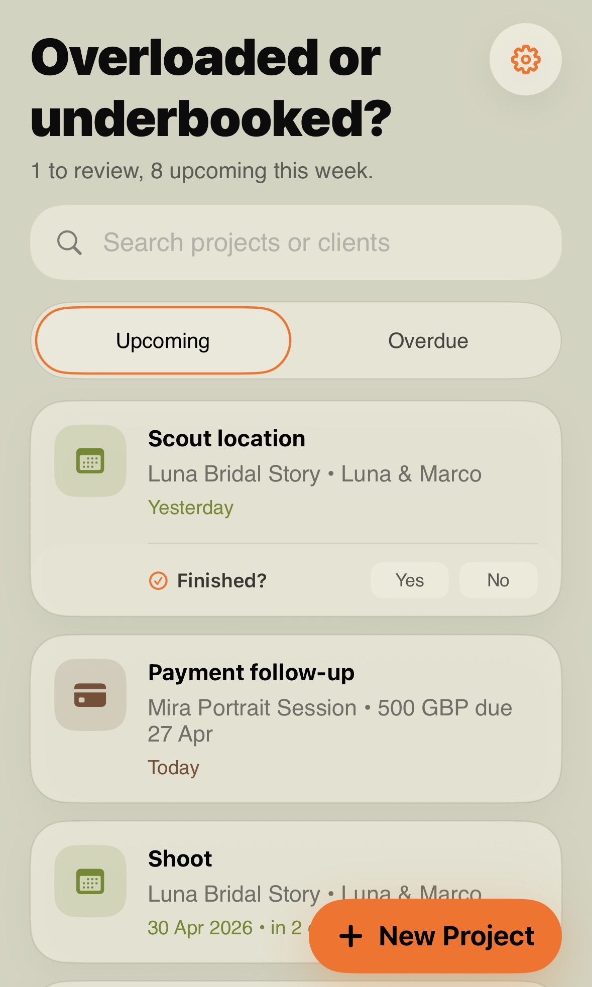 Traut home screen showing upcoming tasks and project search