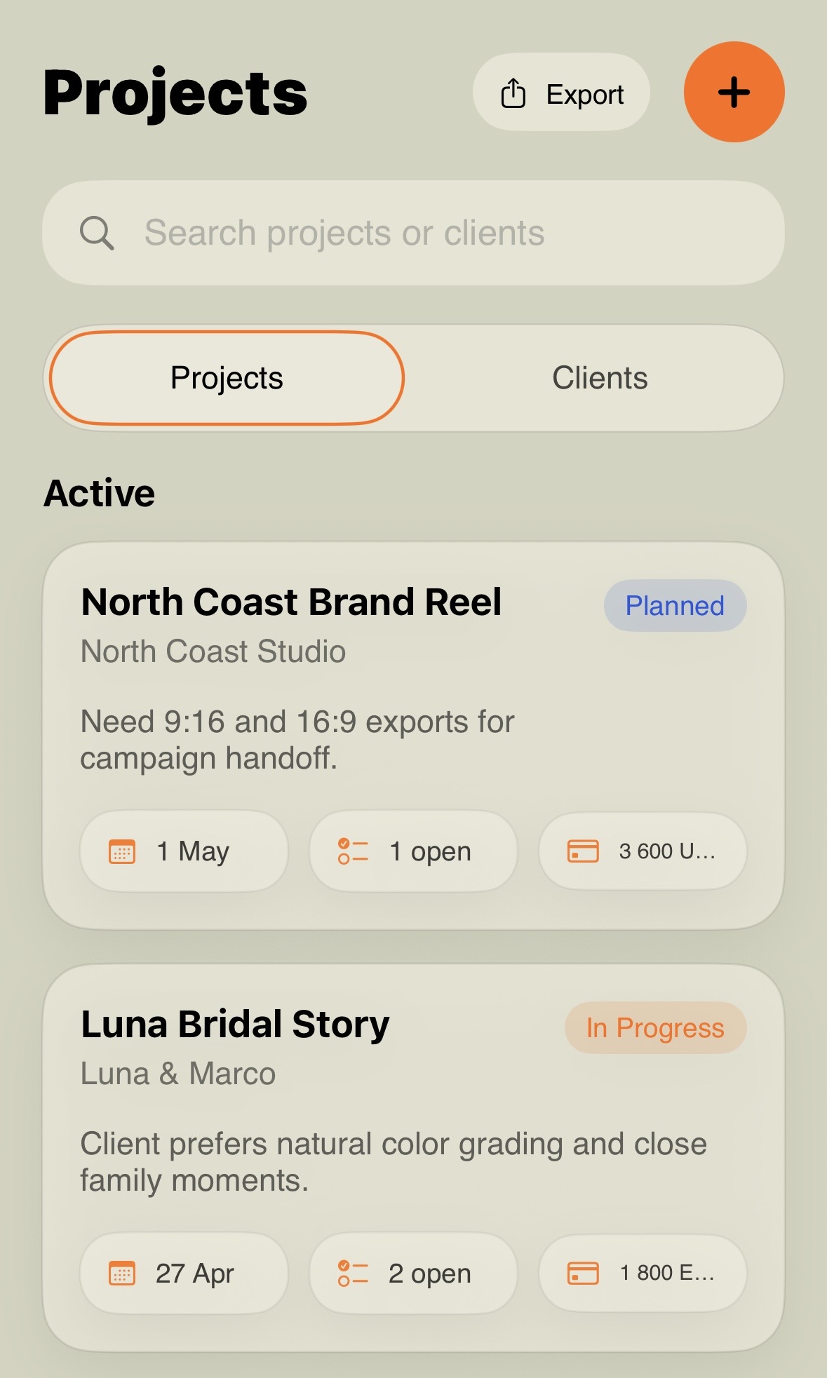 Traut projects screen showing structured project information